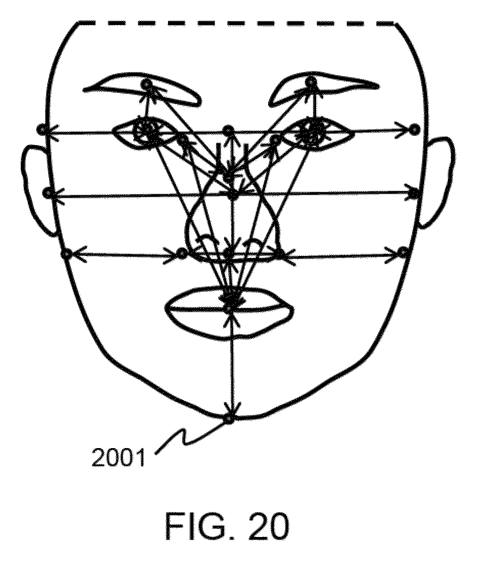 Patent figure showing a hand-drawn face overlaid with a facial-recognition feature mesh