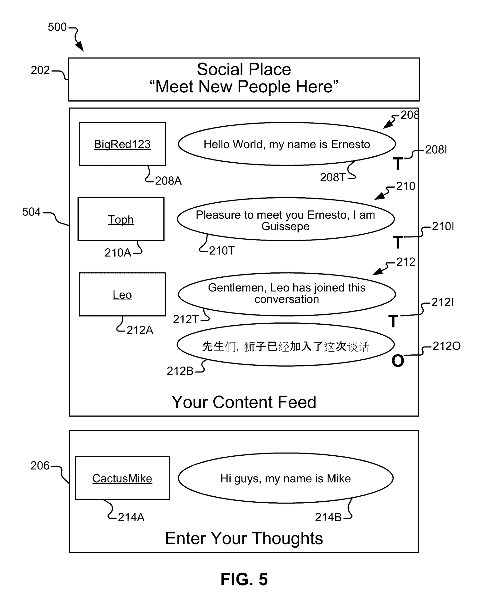 Patent figure showing a social feed interface with messages in English, French, and Chinese